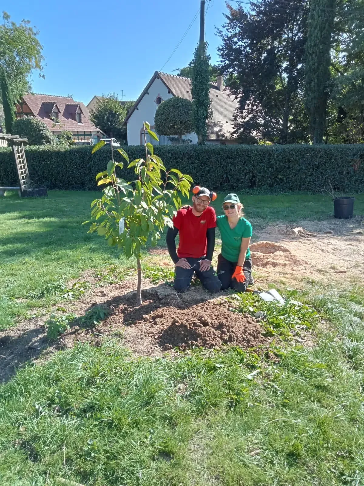 L’équipe ARBOH plante un jeune arbre dans un jardin